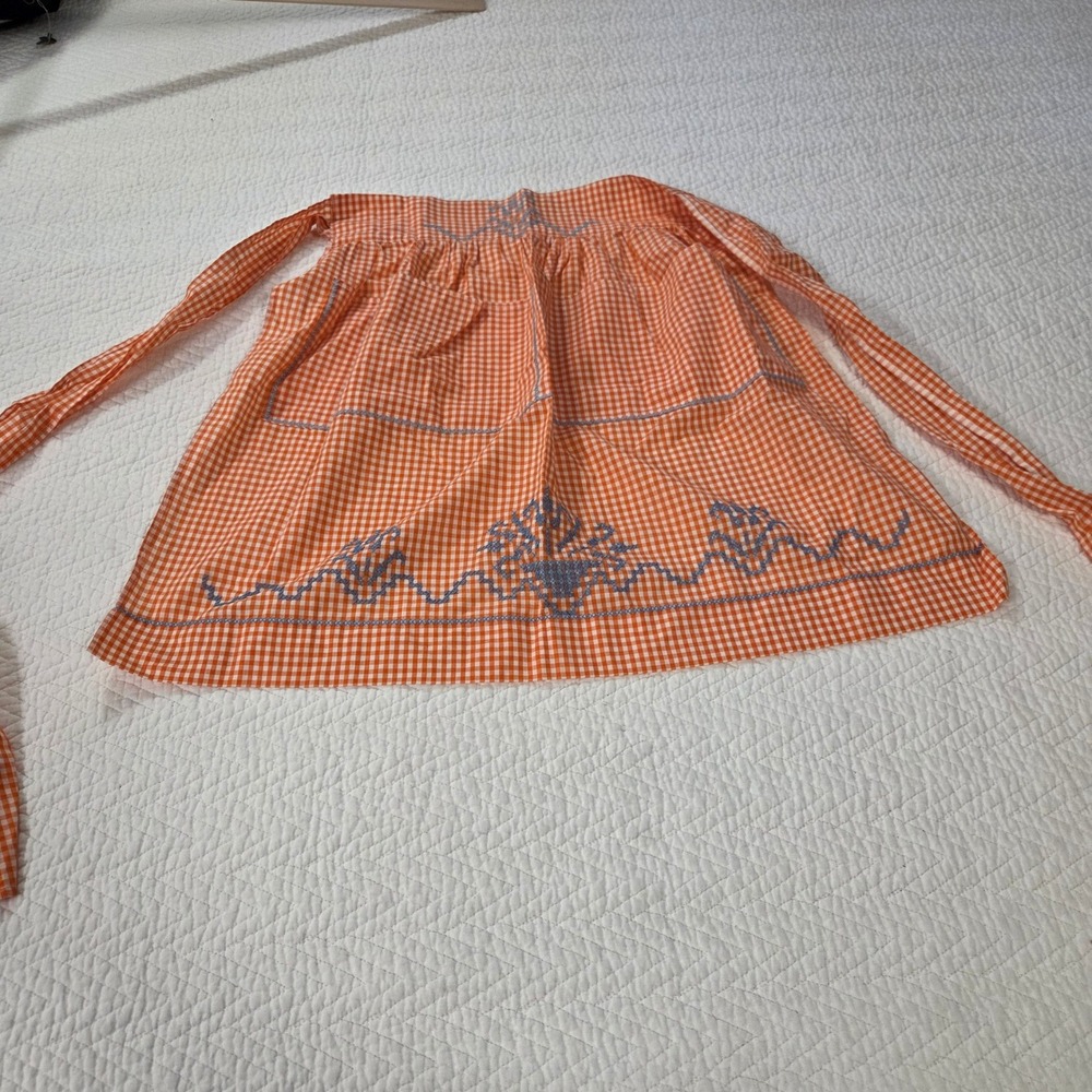 Vintage Handmade Orange Gingham Half Apron Cross Stitch Flower Basket Pocket